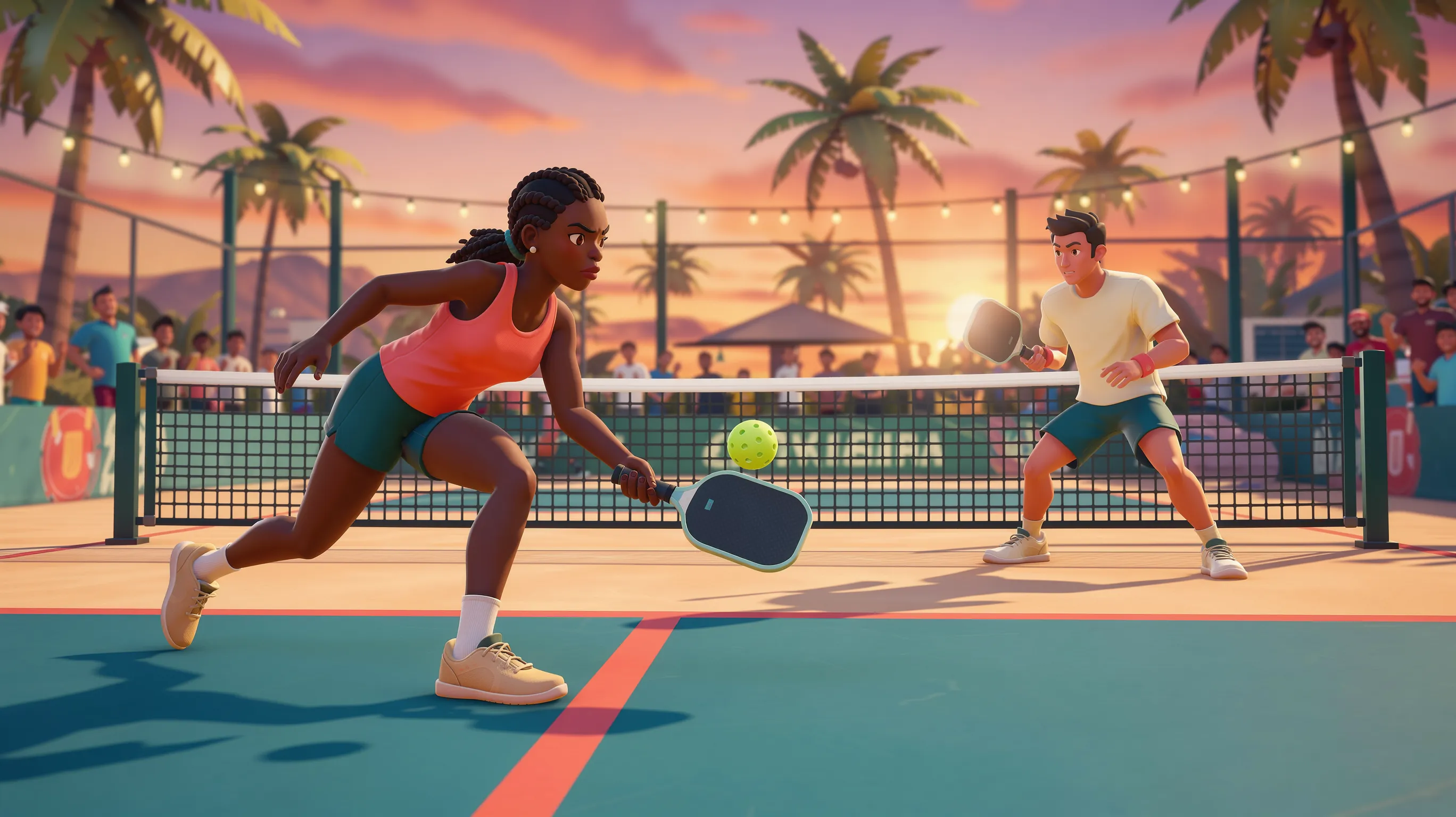 Two PickleGame athletes in a dink rally at the kitchen line on a teal court at sunset